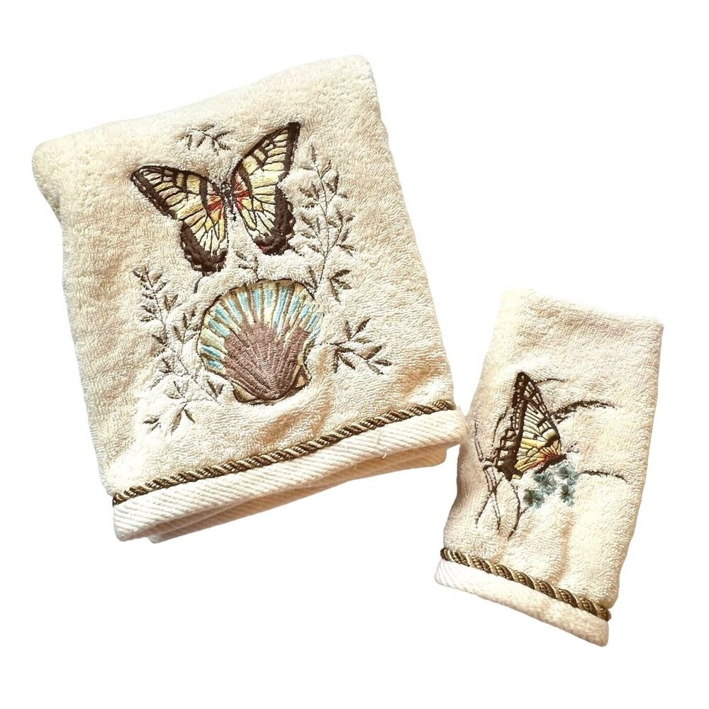 Vtg Butterfly Seashell Embroidered Towel Bath Fingertip Set Rope Trim
